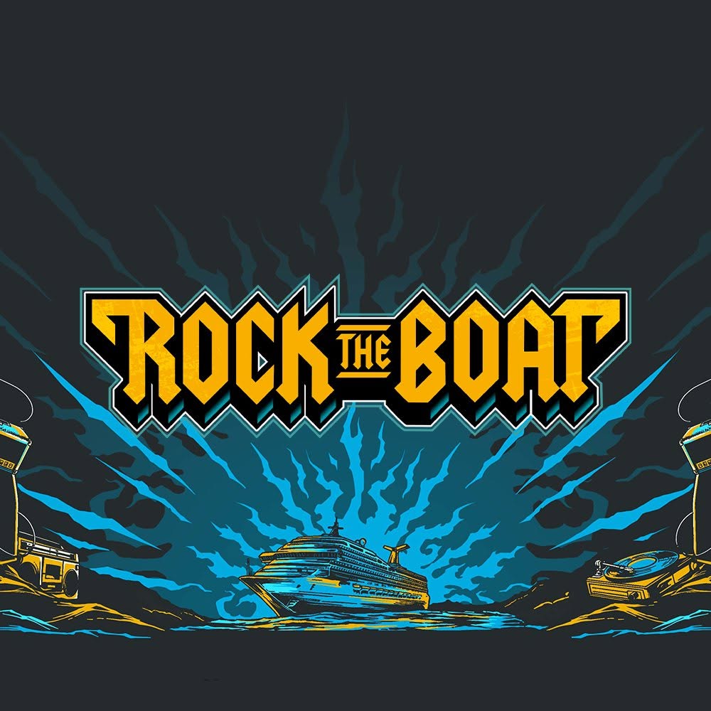 Logo for Rock the Boat featuring bold yellow text above a cruise ship on the ocean.